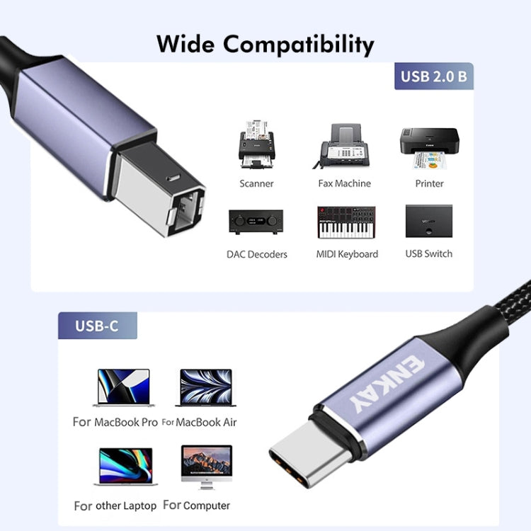 Кабель-переходник ENKAY ENK-CB170 USB C / Type-C на USB 2.0 B для принтера и сканера, нейлоновый плетеный