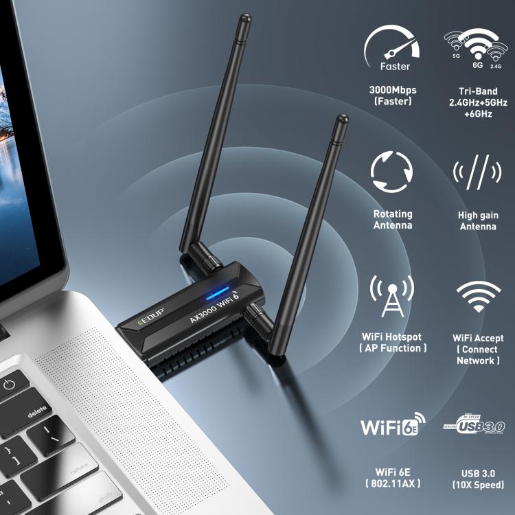 EDUP EP-AX1672 AX3000 USB 3.0 беспроводной WiFi 6E адаптер 802.11g высокой мощности беспроводной USB-адаптер 2,4 ГГц, 5 ГГц и 6 ГГц с чипсетом MT7621AU