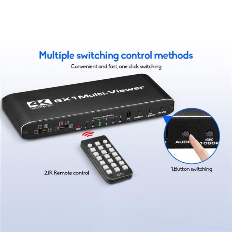 JQF2 4K Seamless Switcher Screen Splitter Multiple Display Modes 6 in 1 Out HDMI Multiviewer