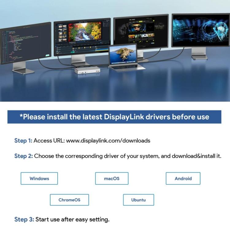 WAVLINK UG69PD12 DisplayLink dokstacija četriem monitoriem klēpjdatoriem M1 / M2 / Mac un Windows