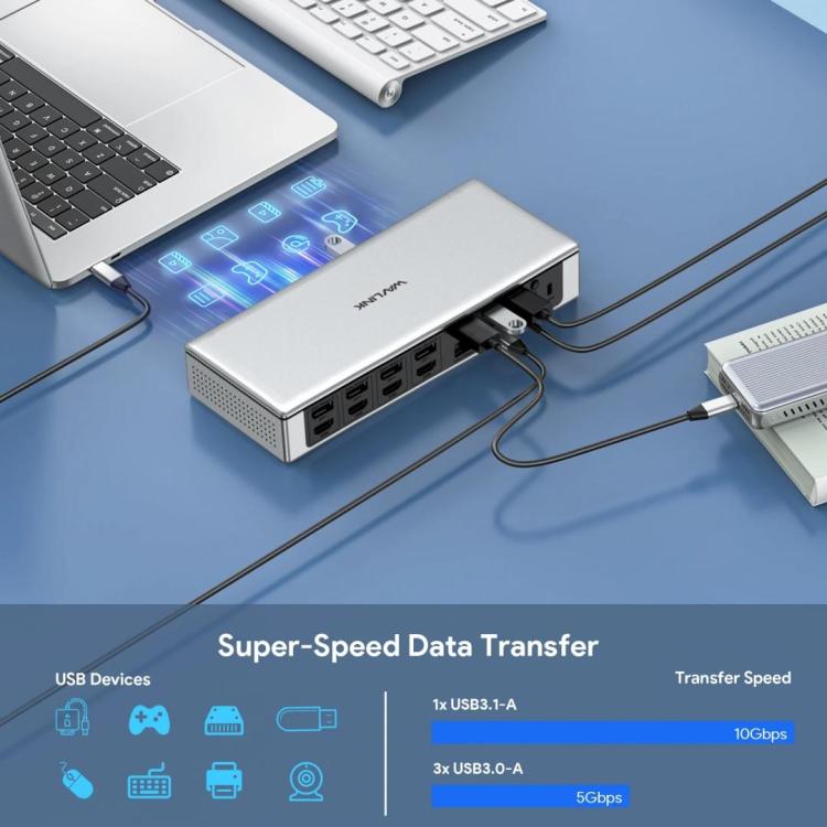 WAVLINK UG69PD12 DisplayLink dokstacija četriem monitoriem klēpjdatoriem M1 / M2 / Mac un Windows
