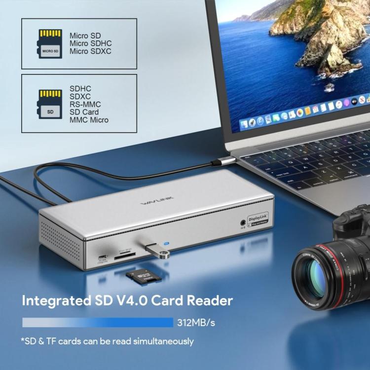 WAVLINK UG69PD12 DisplayLink dokstacija četriem monitoriem klēpjdatoriem M1 / M2 / Mac un Windows