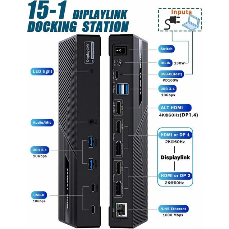 Док-станция WAVLINK UG63PD25 15-в-1 DisplayLink с поддержкой трёх дисплеев и мощностью 130 Вт