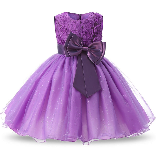 Girls Sleeveless Rose Flower Pattern Bow-knot Lace Dress Show Dress