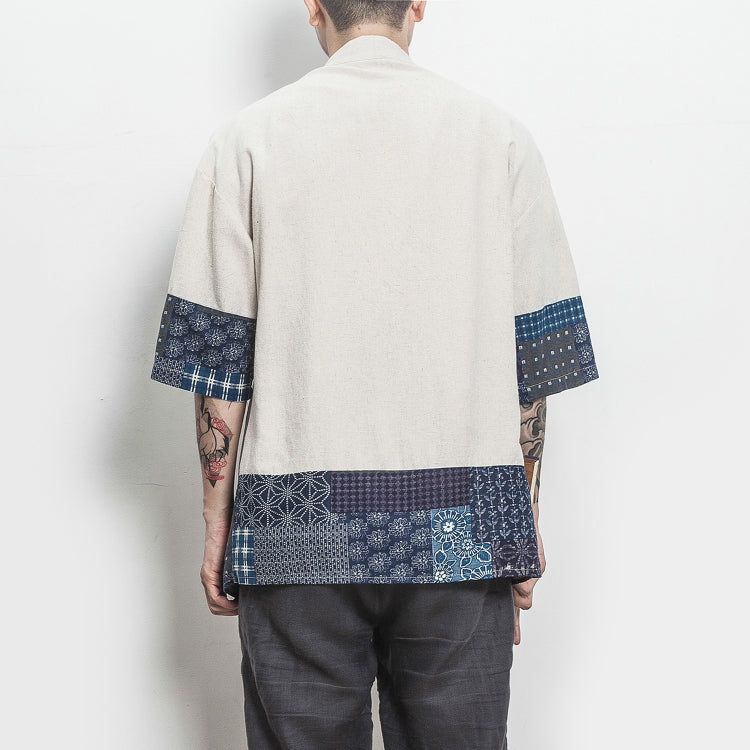 Retro Hanfu Seven-quarter Sleeve Cotton Linen Solid Stitching Youth Men Cardigan Coat