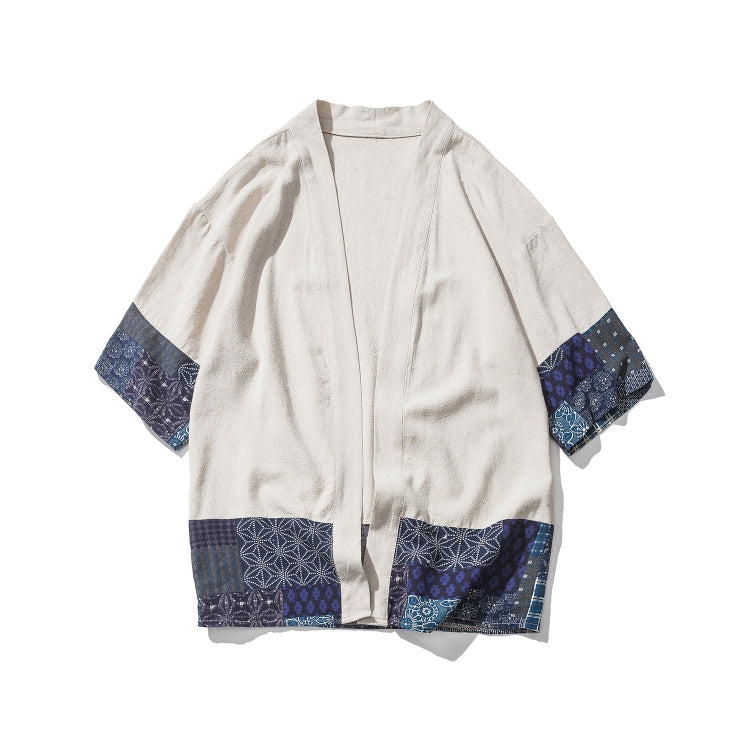 Retro Hanfu Seven-quarter Sleeve Cotton Linen Solid Stitching Youth Men Cardigan Coat