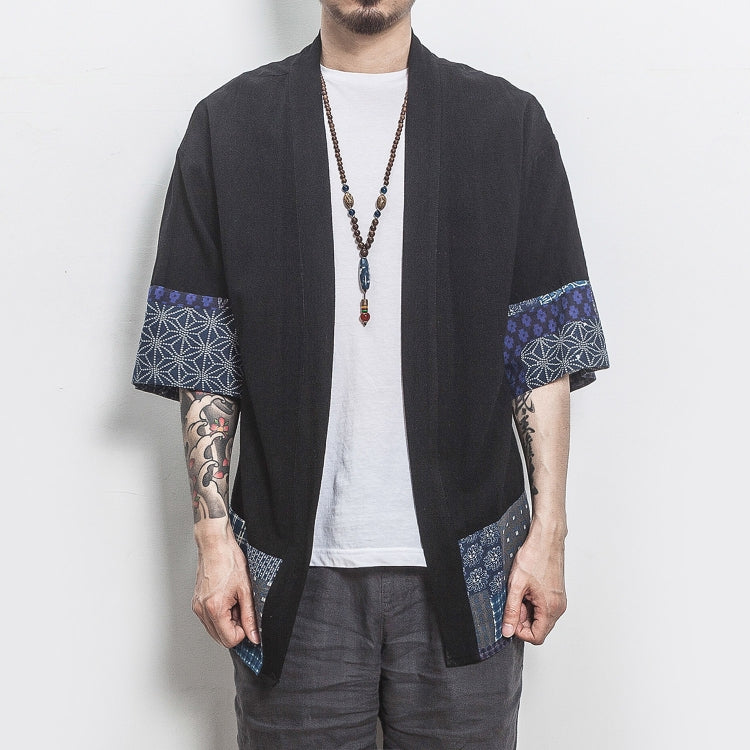 Retro Hanfu Seven-quarter Sleeve Cotton Linen Solid Stitching Youth Men Cardigan Coat
