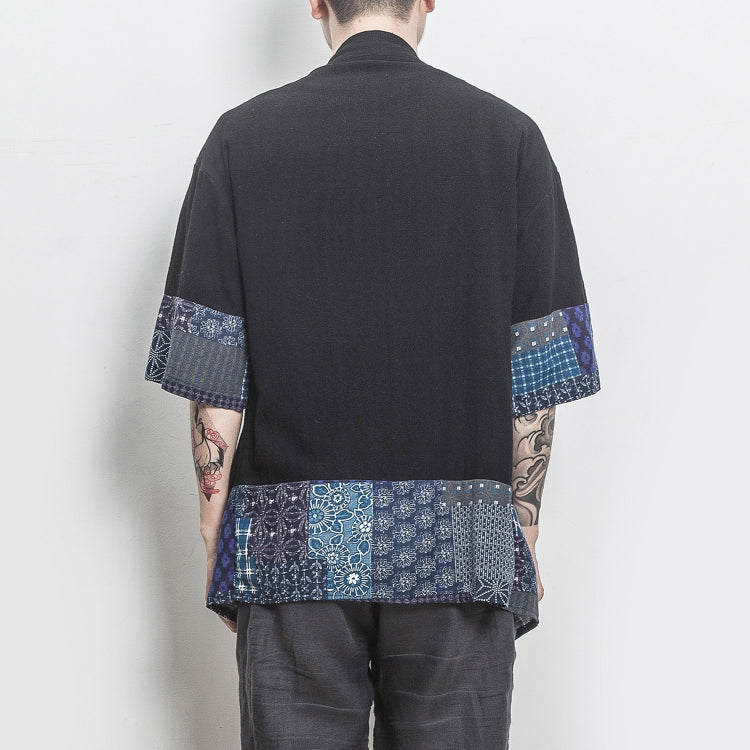Retro Hanfu Seven-quarter Sleeve Cotton Linen Solid Stitching Youth Men Cardigan Coat