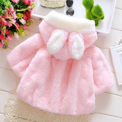 Female Baby Cartoon Rabbit Ears Shape Hooded Imitation Rabbit Fur Shawl Coat