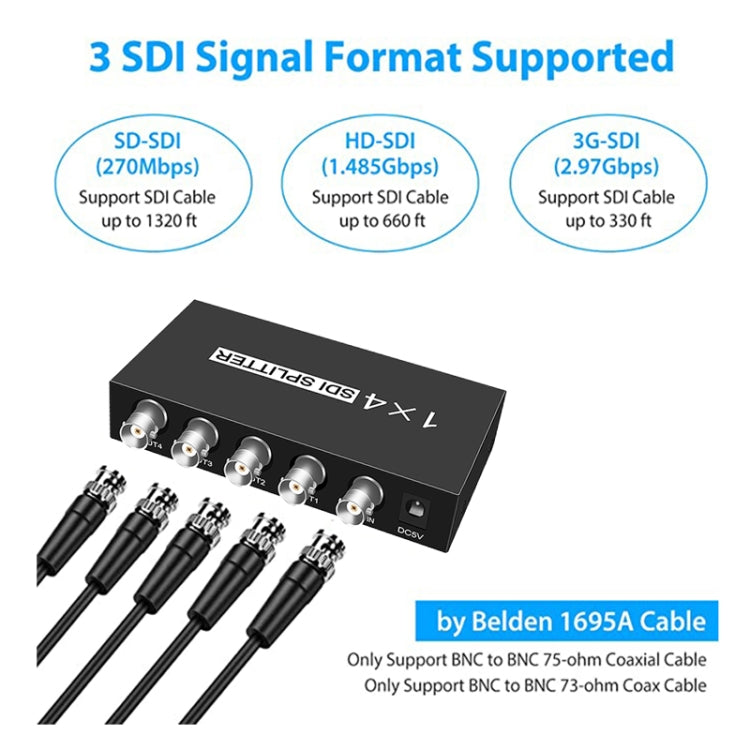1 ieeja 4 izejas SD-SDI / HD-SDI / 3G-SDI sadales pastiprinātājs Video SDI sadalītājs