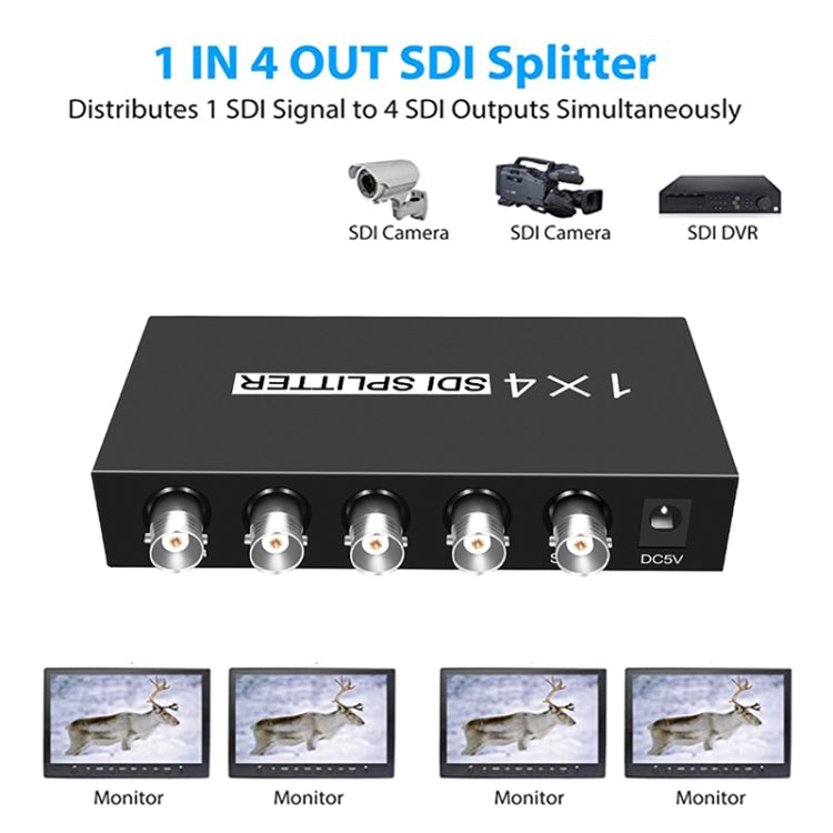 1 ieeja 4 izejas SD-SDI / HD-SDI / 3G-SDI sadales pastiprinātājs Video SDI sadalītājs