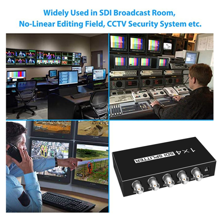 1 ieeja 4 izejas SD-SDI / HD-SDI / 3G-SDI sadales pastiprinātājs Video SDI sadalītājs