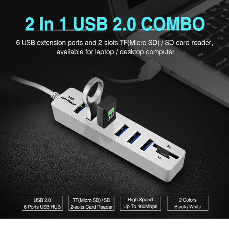 Vairāku USB 2.0 centrmezgla USB sadalītājs ar ātrgaitas 6 portiem un TF SD karšu lasītāju