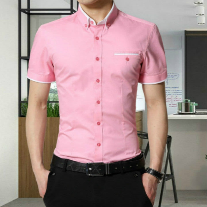 Men Business Shirt Short Sleeves Turn-down Collar Shirt