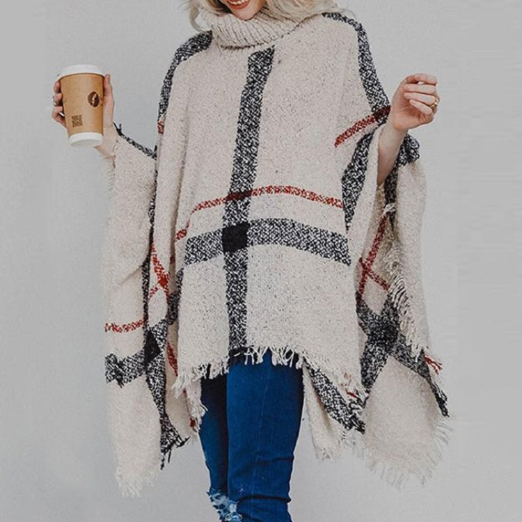 Women Mid-Length Turtleneck Sweater Fringed Cloak Shawl