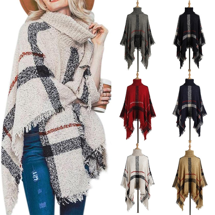 Women Mid-Length Turtleneck Sweater Fringed Cloak Shawl