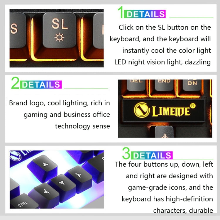 LIMEIDE GTX300 1600DPI 104 Keys USB Rainbow Suspended Backlight Wired Luminous Keyboard and Mouse Set, Cable Length: 1.4m