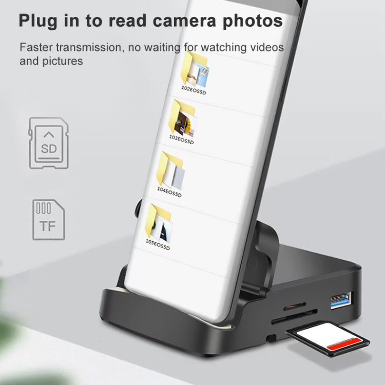 7 vienā USB-C / C tipa uz 2 USB 2.0 + USB 3.0 + 4K HDMI + SD / TF kartes slots + PD USB-C / C tipa uzlādes porti Daudzfunkcionāla centrmezgla dokstacija ar turētāju