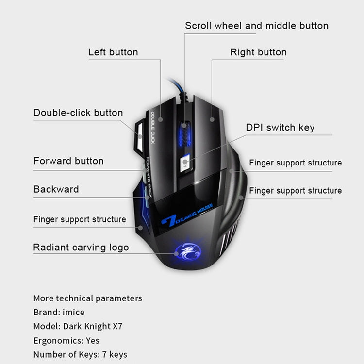 IMICE X7 2400 DPI 7-Key Wired Gaming Mouse with Colorful Breathing Light, Cable Length: 1.8m