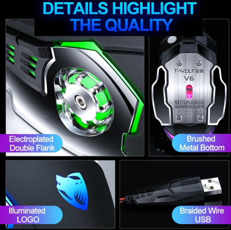 T-WOLF V6 USB saskarne 6 pogas 3200 DPI vadu spēļu pele mehāniskā makro programmēšana 7 krāsu gaismas spēļu pele, kabeļa garums: 1,5 m
