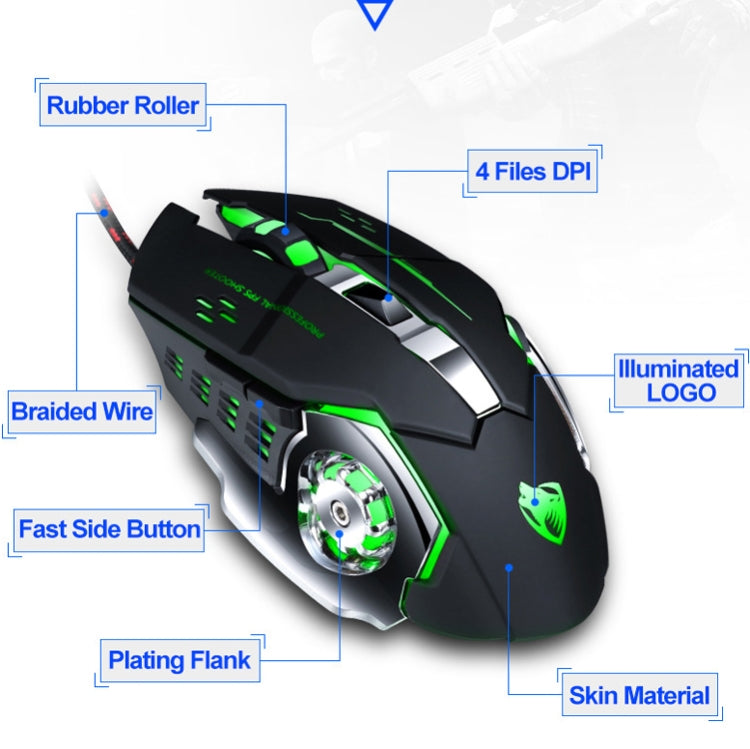 T-WOLF V6 USB saskarne 6 pogas 3200 DPI vadu spēļu pele mehāniskā makro programmēšana 7 krāsu gaismas spēļu pele, kabeļa garums: 1,5 m