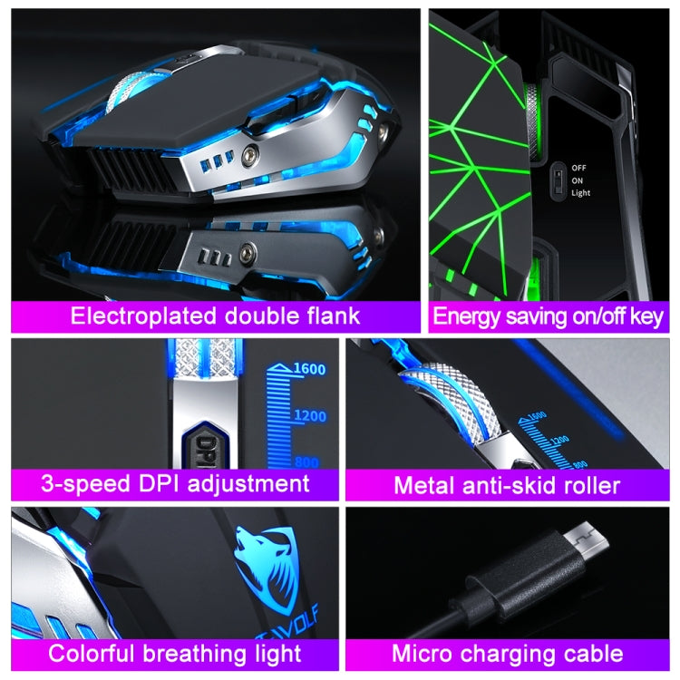 T-WOLF Q15 6-Buttons 1600 DPI Wireless Rechargeable Mute Office Gaming Mouse with 7 Color Breathing Light