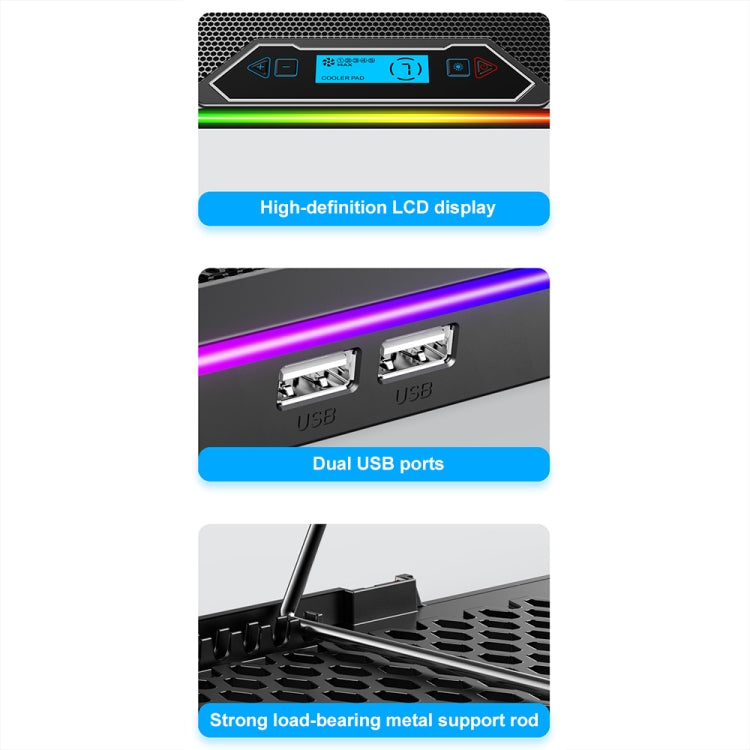 ICE COOREL K15 regulējams LCD ekrāna klēpjdatora statīva radiators ar 6 ventilatoriem un RGB atmosfēras apgaismojumu