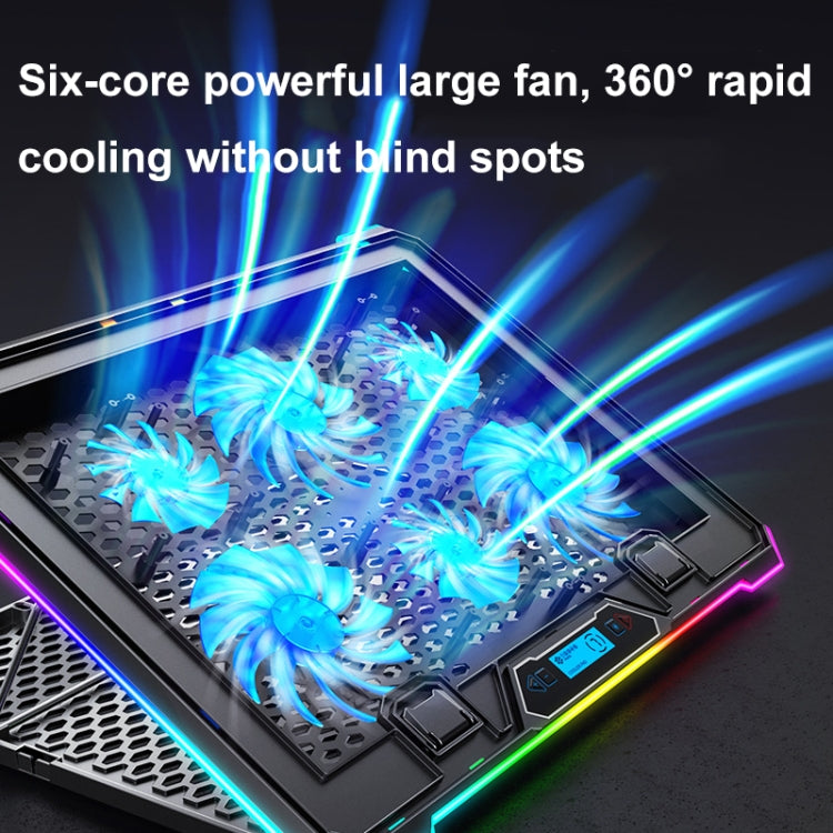 ICE COOREL K15 regulējams LCD ekrāna klēpjdatora statīva radiators ar 6 ventilatoriem un RGB atmosfēras apgaismojumu