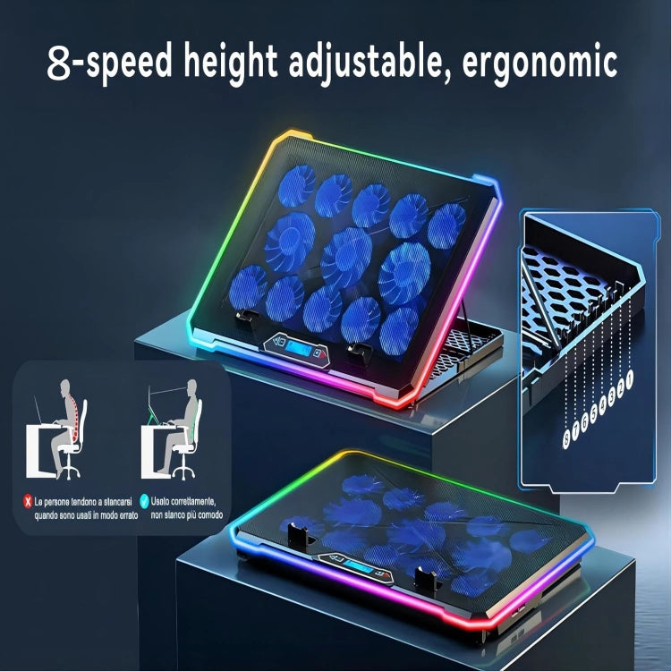 ICE COOREL K15C viedais regulējamais klēpjdatora radiatora pamats ar RGB apgaismojuma efektu