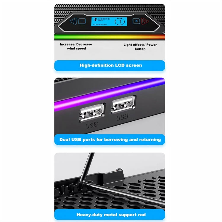 ICE COOREL K15C viedais regulējamais klēpjdatora radiatora pamats ar RGB apgaismojuma efektu