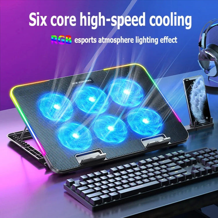 ICE COOREL A9R regulējams klēpjdatora statīva radiators ar 6 ventilatoriem un RGB atmosfēras apgaismojumu