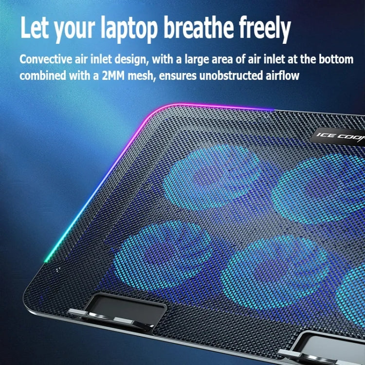 ICE COOREL A9R regulējams klēpjdatora statīva radiators ar 6 ventilatoriem un RGB atmosfēras apgaismojumu