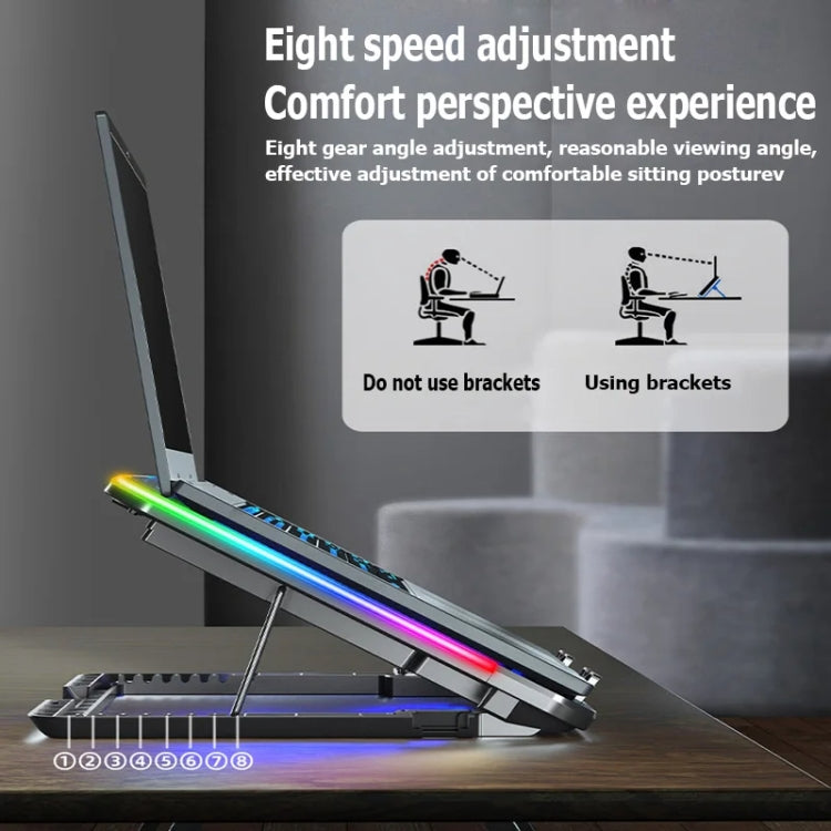 ICE COOREL A9R regulējams klēpjdatora statīva radiators ar 6 ventilatoriem un RGB atmosfēras apgaismojumu