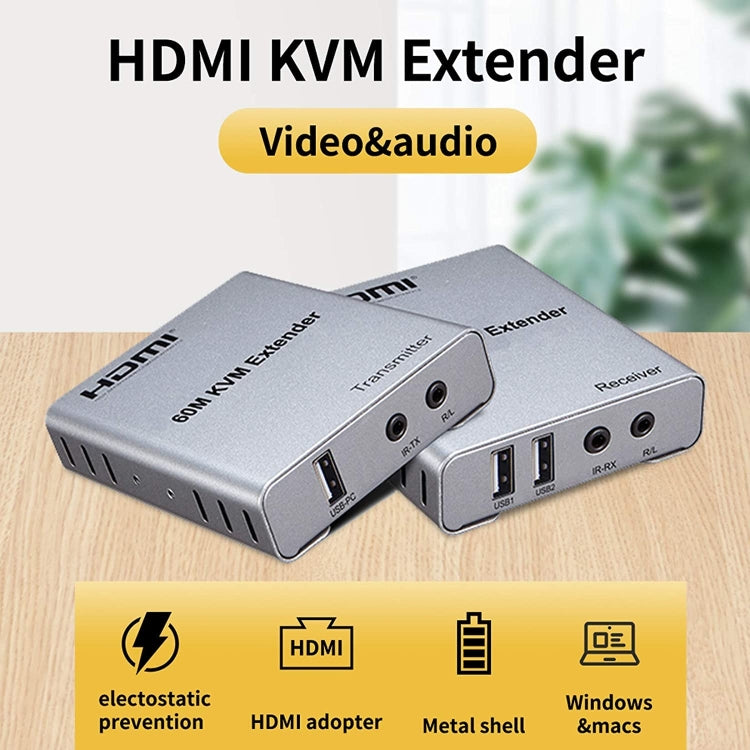 KVM 60m HDMI tīkla kabeļa pagarinātājs ar audio/video raidītāju+uztvērēju, ASV spraudnis