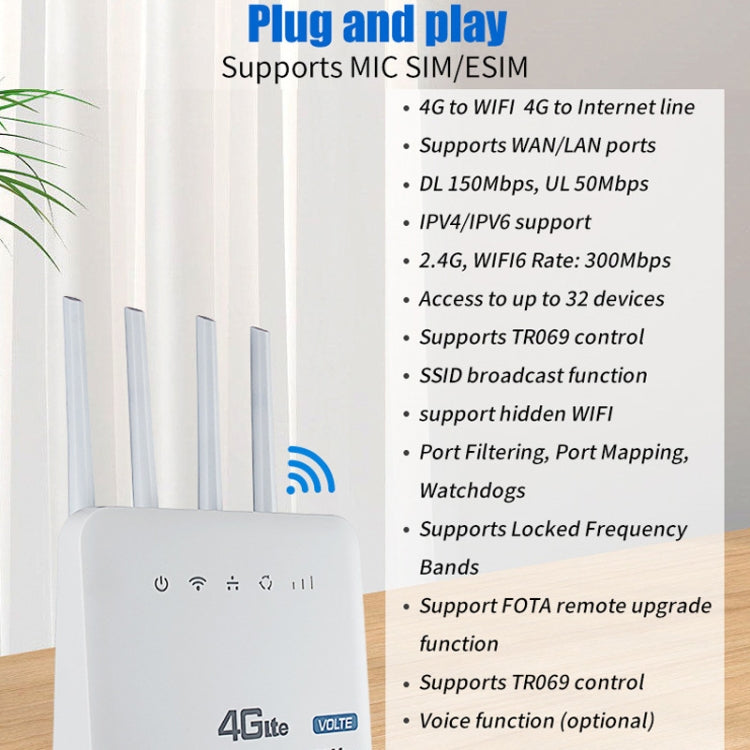 4G WiFi6 VOLTE CPE bezvadu SIM kartes maršrutētājs ar RJ45+RJ11, ASV spraudni
