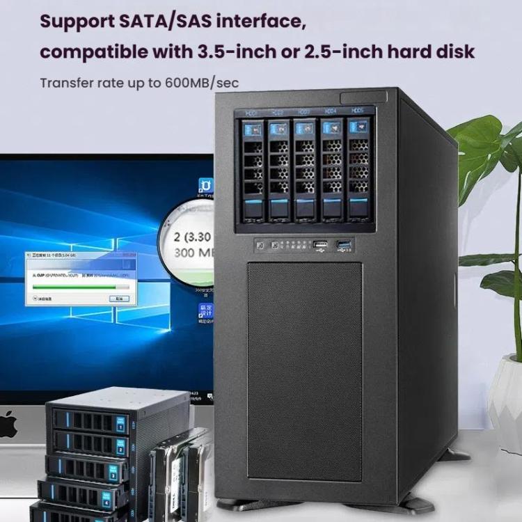 5 nodalījumu karstās nomaiņas cieto disku korpuss, 3,5 collu/2,5 collu HDD/SSD, saderīgs ar 3x5,25 collu optisko disku pozīciju