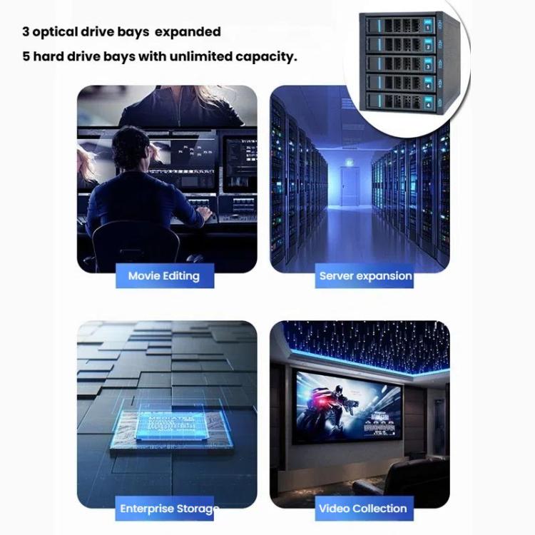 5 nodalījumu karstās nomaiņas cieto disku korpuss, 3,5 collu/2,5 collu HDD/SSD, saderīgs ar 3x5,25 collu optisko disku pozīciju