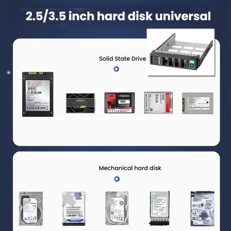 5 nodalījumu karstās nomaiņas cieto disku korpuss, 3,5 collu/2,5 collu HDD/SSD, saderīgs ar 3x5,25 collu optisko disku pozīciju
