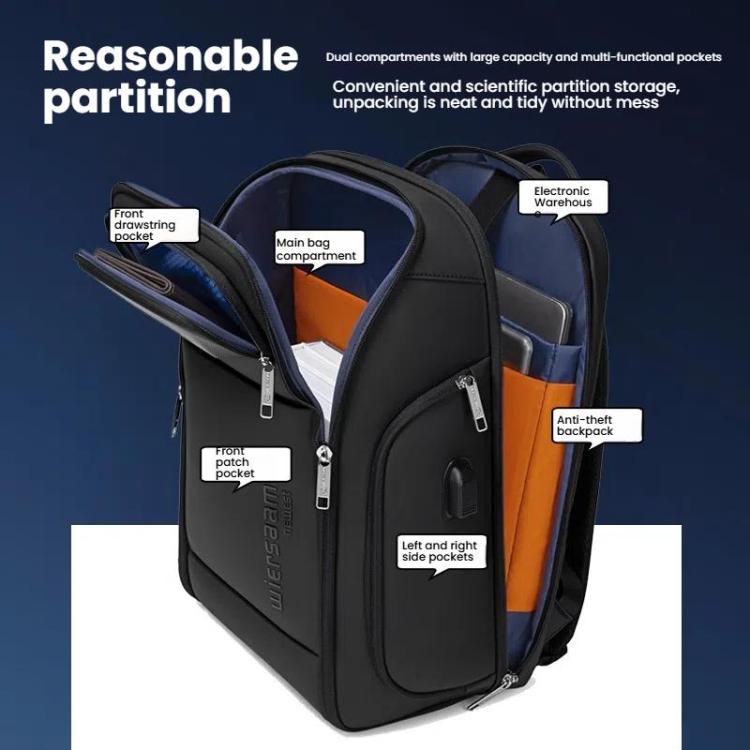 Wiersaam Men Waterproof Anti-Theft Business Backpack Travel Laptop Bag With USB Charging Port & Password Lock