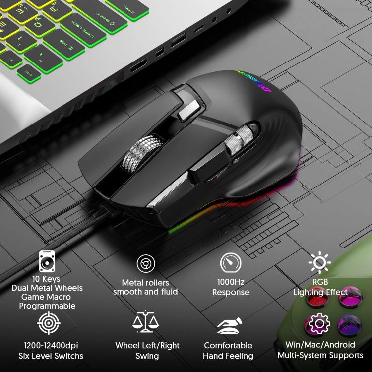 Проводная игровая мышь MKESPN X13 RGB Full Speed, 12400 точек на дюйм, 10-клавишная, с двумя колесами прокрутки, программируемыми макросами