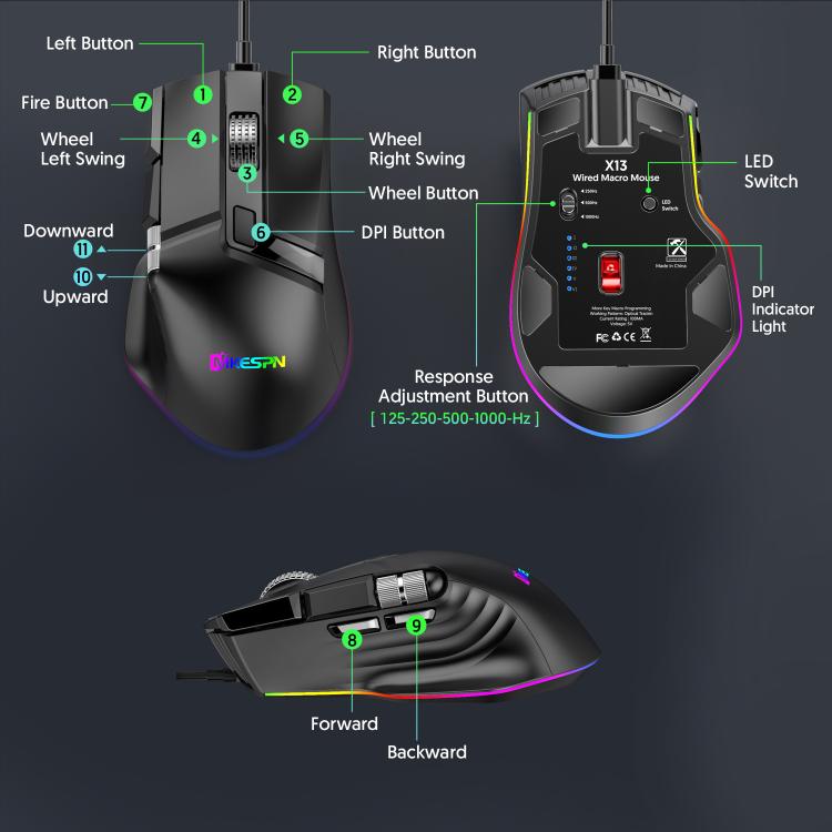Проводная игровая мышь MKESPN X13 RGB Full Speed, 12400 точек на дюйм, 10-клавишная, с двумя колесами прокрутки, программируемыми макросами