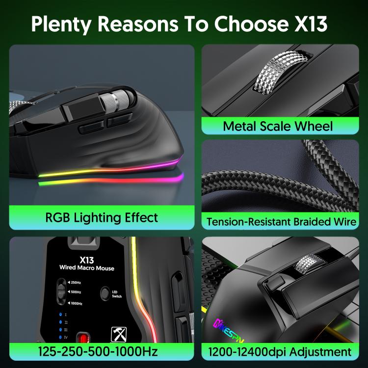 Проводная игровая мышь MKESPN X13 RGB Full Speed, 12400 точек на дюйм, 10-клавишная, с двумя колесами прокрутки, программируемыми макросами
