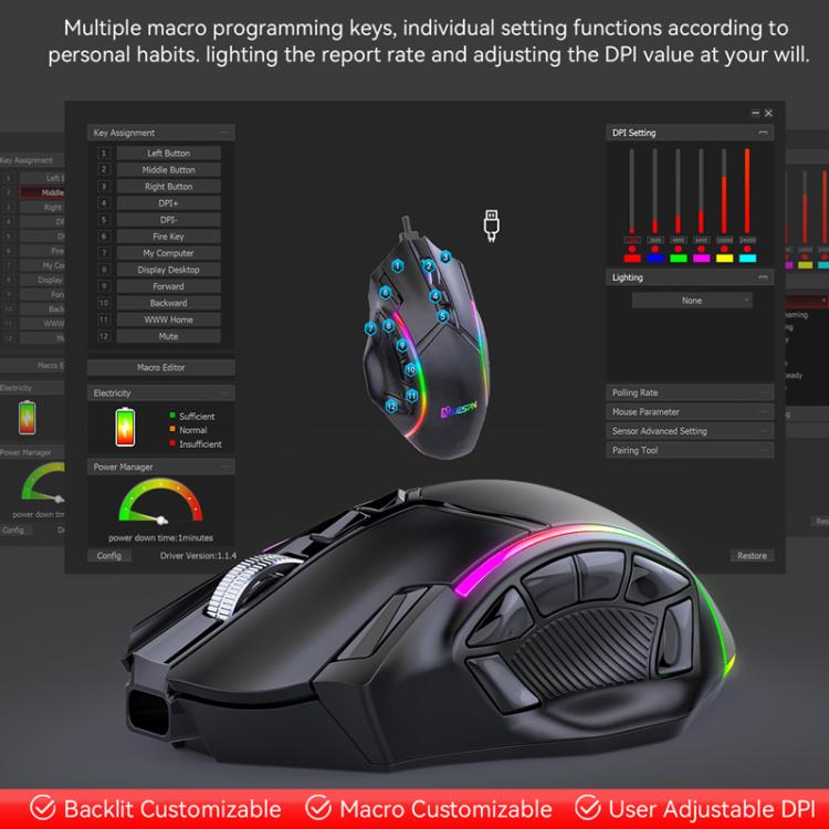 Беспроводная игровая мышь MKESPN W605 с тремя режимами, разрешением 24000 точек на дюйм, 12 клавиш, настройка макросов