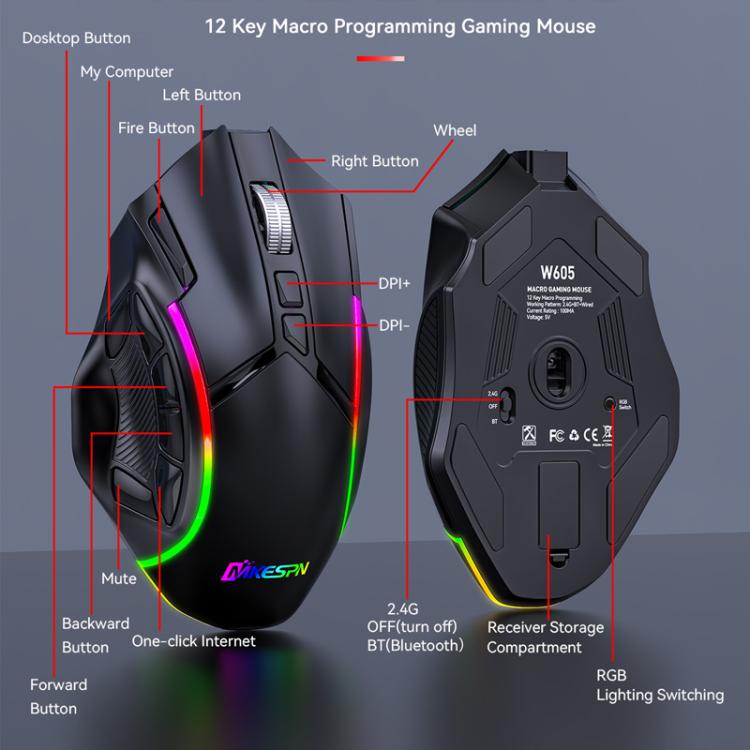 Беспроводная игровая мышь MKESPN W605 с тремя режимами, разрешением 24000 точек на дюйм, 12 клавиш, настройка макросов