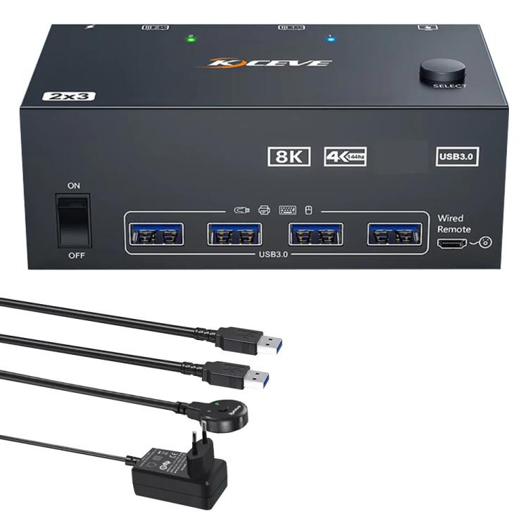 KCEVE KC-KVM204DH 2 ieejas 4 izejas 8K 60Hz KVM slēdzis 2 datoriem un 4 monitoriem