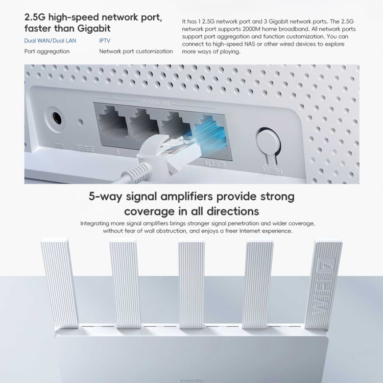 Xiaomi maršrutētājs BE5000 WiFi 7 MLO 2.4GHz 5.0GHz divjoslu 2.5G ports 512MB RAM atkārtotājs, ASV spraudnis