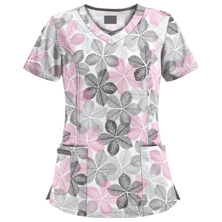 Mid-length Slim-fitting Printed Pullover Nurse Uniform V-neck T-shirt (Color:Pink Size:XXL)