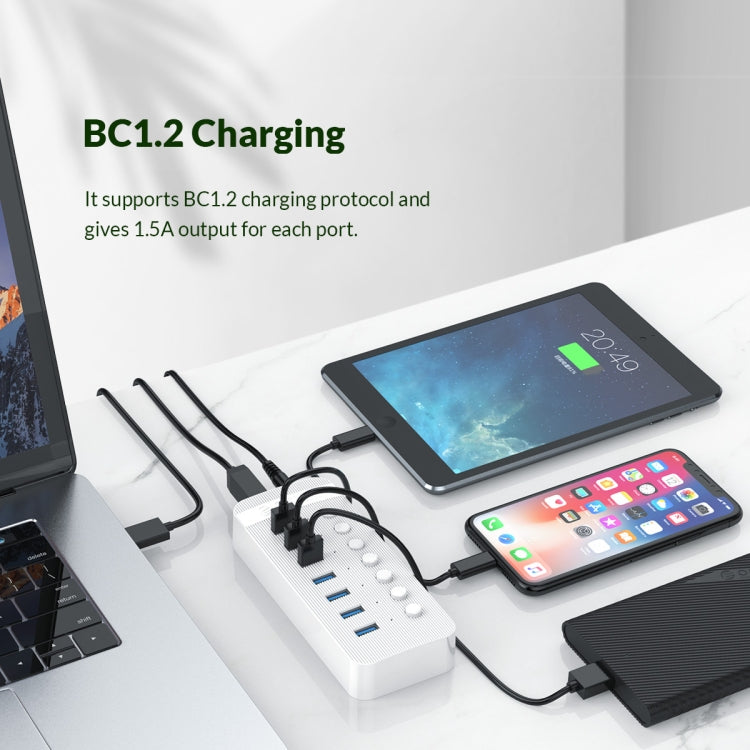 ORICO CT2U3-10AB-WH 10 vienā plastmasas svītru daudzportu USB centrmezgls ar individuāliem slēdžiem,