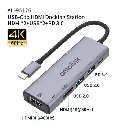 amalink 95126 C tipa / USB-C uz divu HDMI + 2 portu USB + PD 3.0 daudzfunkcionāls centrmezgls