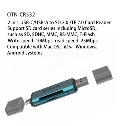 Onten CR532 2 in 1 USB-A / USB-C to SD2.0 / TF2.0 USB Card Reader
